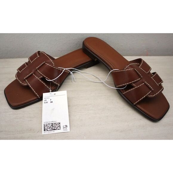 H&M 1217381 Women's Sz 7 Brown PU Leather Square Toe Wide Foot Strap Sandals - Picture 1 of 9